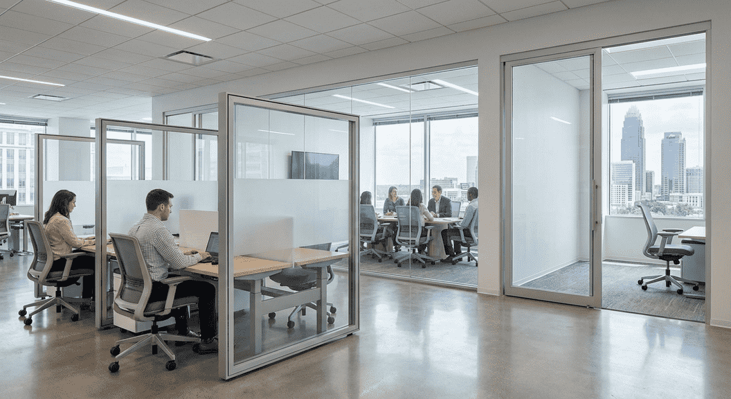 Modern interior glass wall installation in a Charlotte business office